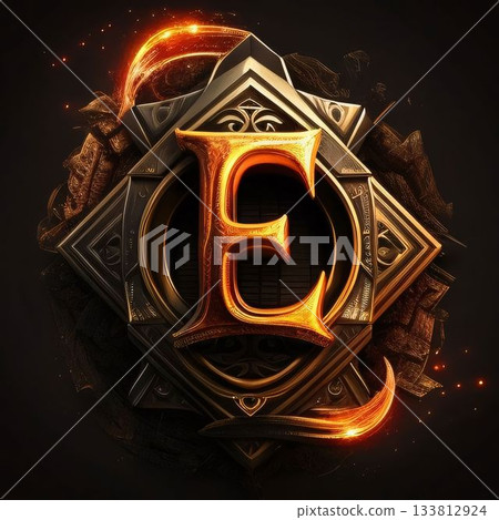 Futuristic letter E on a dark background with a shield. 3D rendering. 133812924