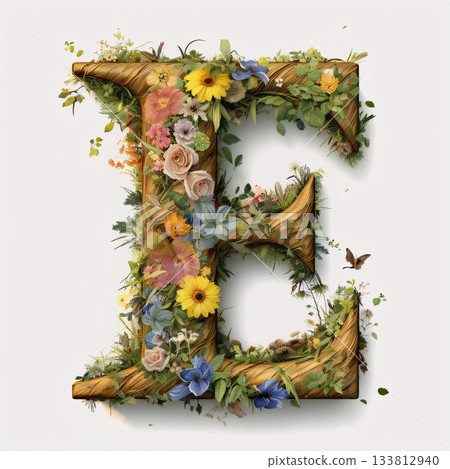 Letter E of the alphabet made of flowers, leaves and berries. Letter E of the alphabet made of flowers, leaves and berries. 133812940