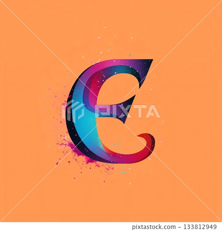 E letter with pink and blue splash paint on orange background. Vector illustration. 133812949