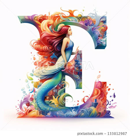 Alphabet letter E with beautiful mermaid girl. Vector illustration. Alphabet letter E with beautiful mermaid girl. Vector illustration. 133812987