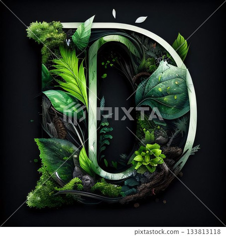 Letter D made of nature elements. 3D illustration. Black background. Letter D made of nature elements. 3D illustration. Black background. 133813118
