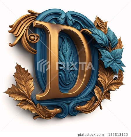 Letter D decorated with leaves and acanthus. 3D rendering Letter D decorated with leaves and acanthus. 3D rendering 133813123