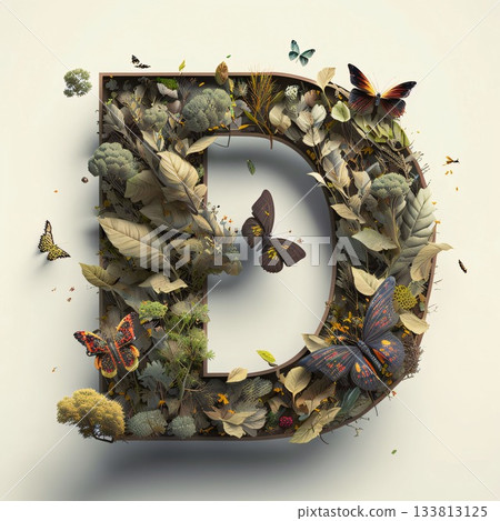 Letter D made of autumn leaves and flowers. Nature font. 3D rendering Letter D made of autumn leaves and flowers. Nature font. 3D rendering 133813125