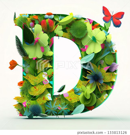 Letter D decorated with flowers and butterflies. 3D illustration. White background. Letter D decorated with flowers and butterflies. 3D illustration. White background. 133813126