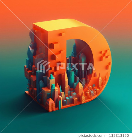 3d render of letter D in isometric style with cityscape 3d render of letter D in isometric style with cityscape 133813130