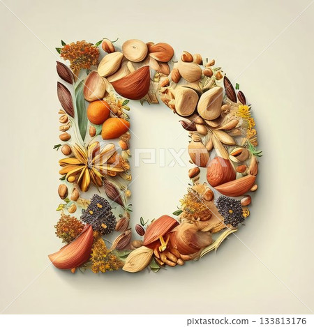 Letter D made of nuts and dried flowers, vintage style font. Letter D made of nuts and dried flowers, vintage style font. 133813176