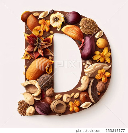 Alphabet letter D made of nuts and dried flowers on white background Alphabet letter D made of nuts and dried flowers on white background 133813177