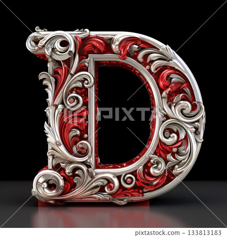 Metal letter D with floral ornament on black background. 3D rendering Metal letter D with floral ornament on black background. 3D rendering 133813183