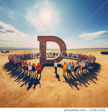 Diverse Group of People in the Middle of the Desert with Building Letter letter D Diverse Group of People in the Middle of the Desert with Building Letter letter D 133813195