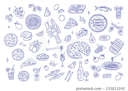 Mediterranean food doodles collection with strawberry, ravioli, salmon and vegetables line set. Vintage sketch summer elements perfect for menu or beach party designs. Dinner dish on plate and drink Mediterranean food doodles collection with strawberry, ravioli, salmon and vegetables line set. Vintage sketch summer elements perfect for menu or beach party designs. Dinner dish on plate and drink 133813242