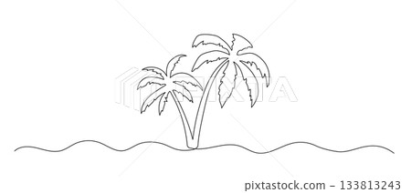 Palm tree one line illustration. Hand drawn summer doodle vector sketch isolated on white background. Palm tree one line illustration. Hand drawn summer doodle vector sketch isolated on white background. 133813243