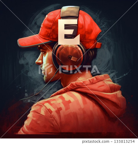 Portrait of a young man in a red cap and headphones. letter E Portrait of a young man in a red cap and headphones. letter E 133813254