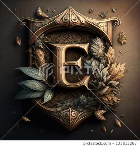 Luxury golden letter E with floral ornament. 3D rendering Luxury golden letter E with floral ornament. 3D rendering 133813265