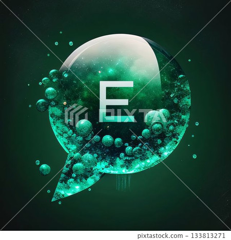 Glowing bubble with letter E in space. 3D rendering. Glowing bubble with letter E in space. 3D rendering. 133813271