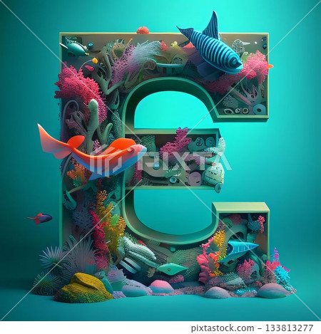 Letter E made of underwater plants and fish. 3D illustration. 133813277