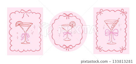 Whimsical drinks in pink round and rectangular frames set, coquette cocktail glass with cute bow, vector hand drawn illustrations collection 133813281