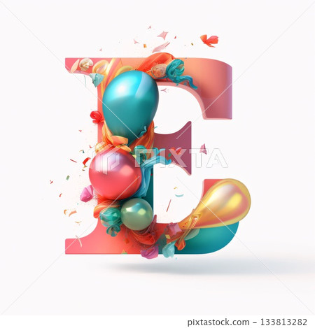 Elegant 3d letter E filled with colorful balloons and flowers Elegant 3d letter E filled with colorful balloons and flowers 133813282