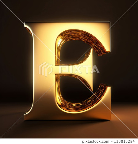 Golden letter E uppercase. 3D render of gold font isolated on dark background 133813284