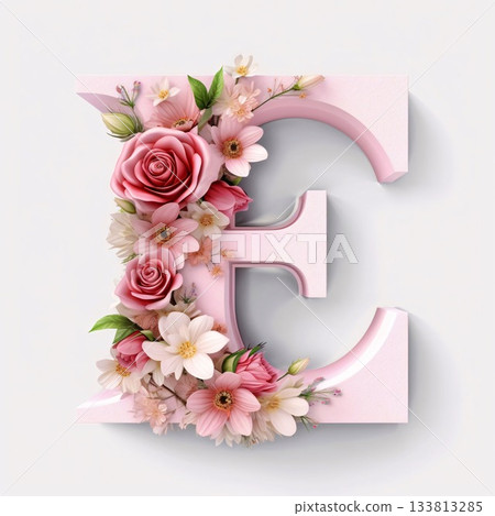 Letter E decorated with pink flowers and leaves, isolated on white background Letter E decorated with pink flowers and leaves, isolated on white background 133813285