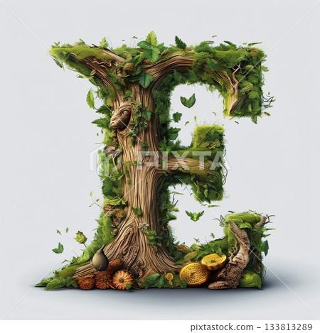 Green eco font with leaves and fruits. Letter E. 3D rendering Green eco font with leaves and fruits. Letter E. 3D rendering 133813289