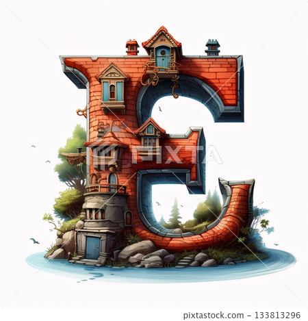 Alphabet letter E in the form of a brick house. Cartoon illustration. 133813296