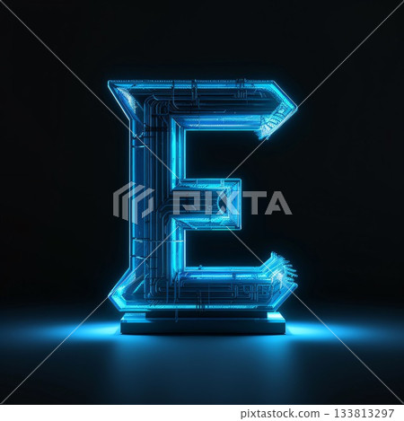 Futuristic blue neon letter E on black background, 3D rendering 133813297