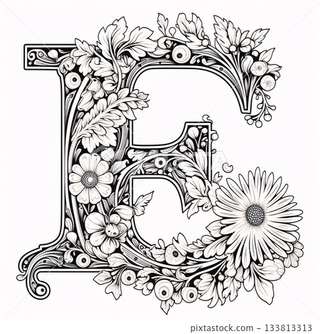 letter E in the Gothic style with flowers and leaves, vector illustration letter E in the Gothic style with flowers and leaves, vector illustration 133813313