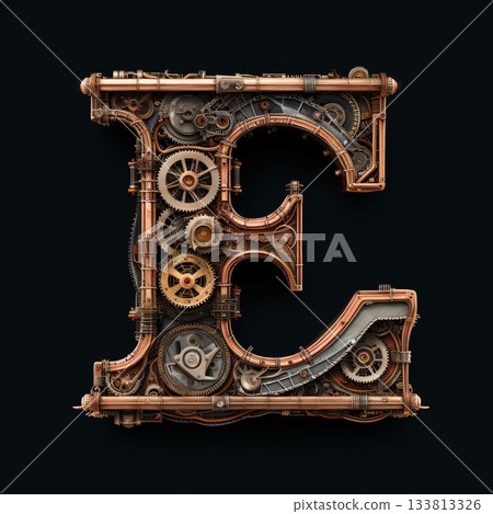 Mechanical alphabet made from gears and cogwheels. Letter E. 3D render Mechanical alphabet made from gears and cogwheels. Letter E. 3D render 133813326