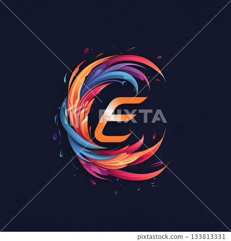Letter E logo with colorful abstract paint splashes on dark background. 133813331