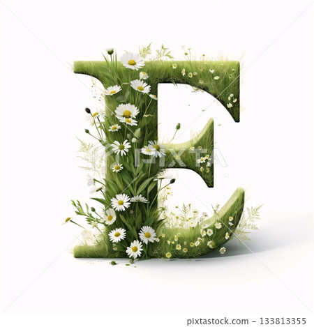 Letter of the alphabet made of grass and flowers, isolated on white letter E 133813355
