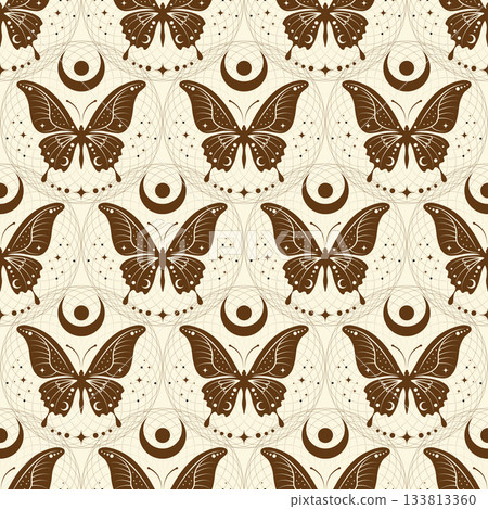 mystical seamless pattern background, butterfly and celestial crescent moon symbol, Sacred wallpaper pagan wiccan design. Esoteric vintage texture in boho style, spiritual moth ethnic illustration 133813360
