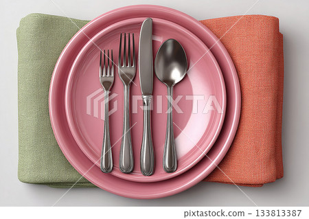 Elegant dining setup. Bright silverware set. Fork, knife and spoon. Casual dining or lifestyle. Kitchenware and dining products. 133813387