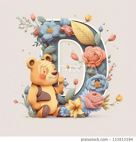 Capital letter D with cute cartoon bear and flowers. Vector illustration. Capital letter D with cute cartoon bear and flowers. Vector illustration. 133813394