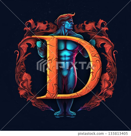 Bodybuilder with the letter D in his hand. 3D rendering. Bodybuilder with the letter D in his hand. 3D rendering. 133813405