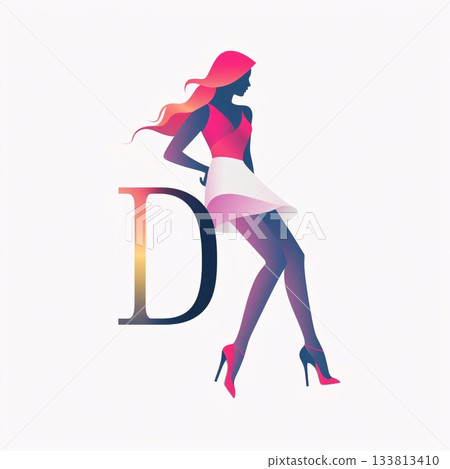 Fashionable girl in a white dress and high-heeled shoes. letter D Fashionable girl in a white dress and high-heeled shoes. letter D 133813410