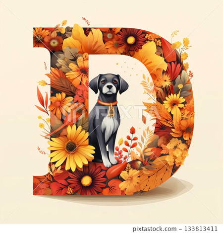 Autumn letter D with dog, flowers and leaves. Vector illustration. Autumn letter D with dog, flowers and leaves. Vector illustration. 133813411