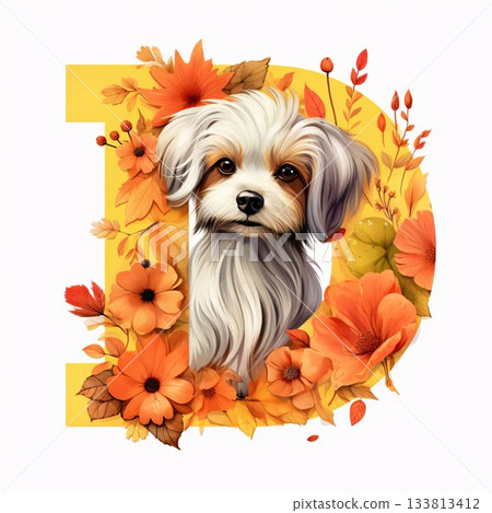 English alphabet letter D with cute dog and autumn flowers. Lettering can be used as a greeting card. English alphabet letter D with cute dog and autumn flowers. Lettering can be used as a greeting card. 133813412