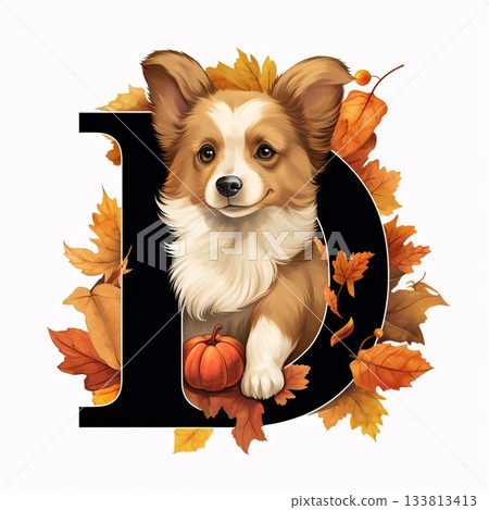 Pembroke Welsh Corgi Pembroke dog in autumn leaves. Letter D 133813413