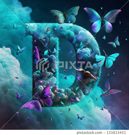 Letter D made of butterflies and clouds. 3D illustration. Square. Letter D made of butterflies and clouds. 3D illustration. Square. 133813431