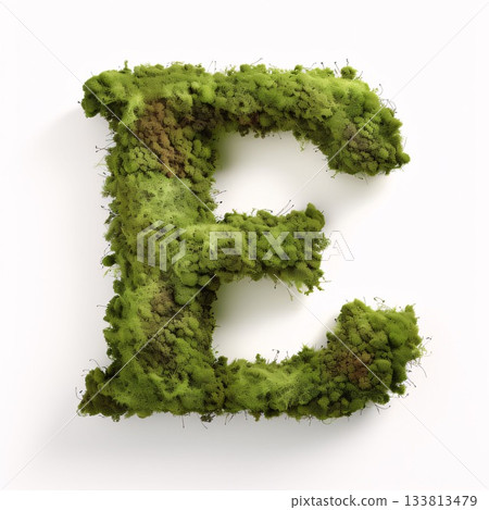 Green moss letter E isolated on white background. 3D illustration. Green moss letter E isolated on white background. 3D illustration. 133813479