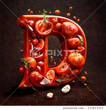 Alphabet made of tomato slices and herbs on dark background. Letter D Alphabet made of tomato slices and herbs on dark background. Letter D 133813551