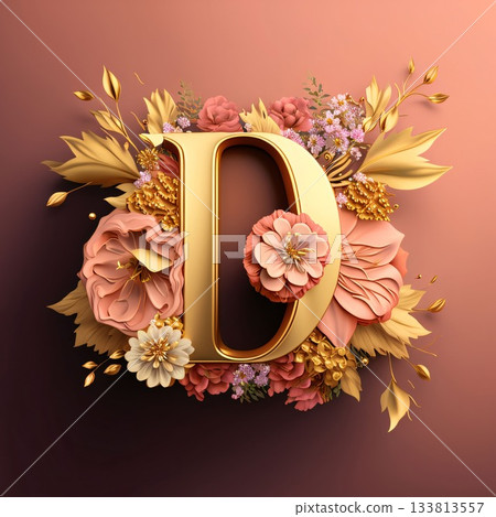 Gold letter D decorated with flowers and leaves. 3D illustration. 133813557