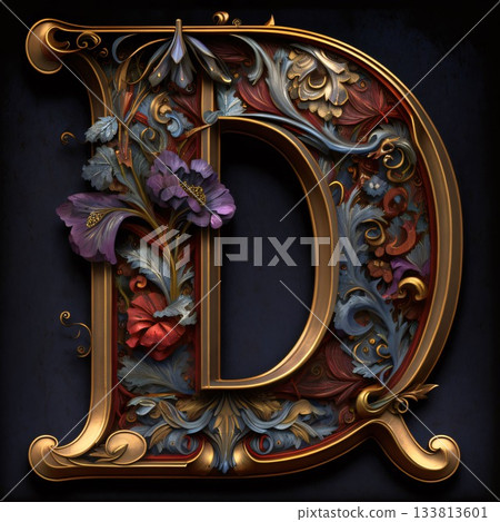 Luxury vintage letter D with floral ornament. 3D render 133813601