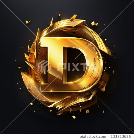 3d illustration of golden letter D on black background with explosion. 3d illustration of golden letter D on black background with explosion. 133813626