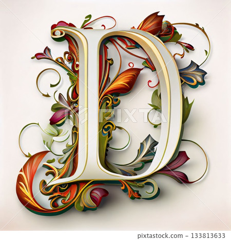 Decorative capital letter D with floral ornament. 3D illustration. 133813633