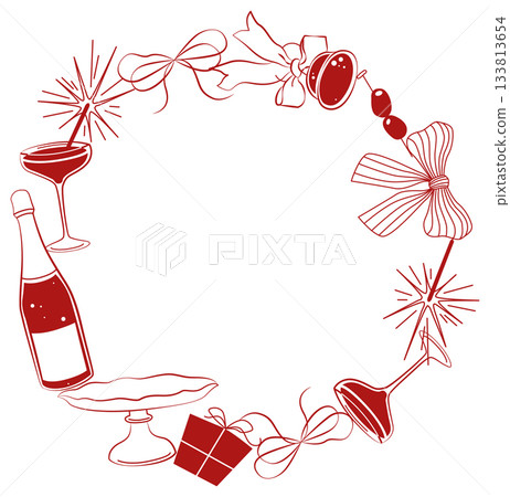 Hand-drawn Christmas wreath with champagne bottle and glasses, bows and sparkles and gifts in red color 133813654