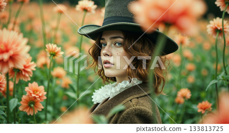 Beautiful and strange girl in an old-fashioned costume and top hat. Alice in Wonderland Beautiful and strange girl in an old-fashioned costume and top hat. Alice in Wonderland 133813725