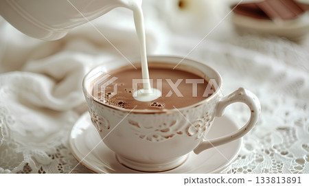 in the delicate porcelain cup, milk is poured into coffee in an elegant and sophisticated manner, creating a luxurious texture with luscious creaminess. in the delicate porcelain cup, milk is poured into coffee in an elegant and sophisticated manner, creating a luxurious texture with luscious creaminess. 133813891