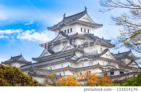 The beautiful scenery of Himeji Castle, a World Heritage Site and National Treasure, on a clear autumn day 133814176