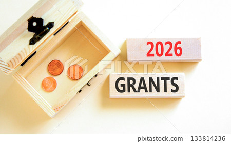 2026 Grants symbol. Concept words 2026 Grants on beautiful wooden blocks. Beautiful white paper background. Beautiful wooden chest with coins. Business and 2026 grants concept. Copy space. 133814236